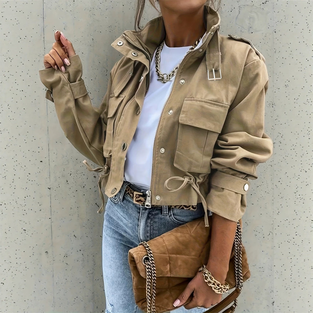 Giacca da donna stile biker con colletto alla coreana e maniche lunghe – stile vintage chic e casual