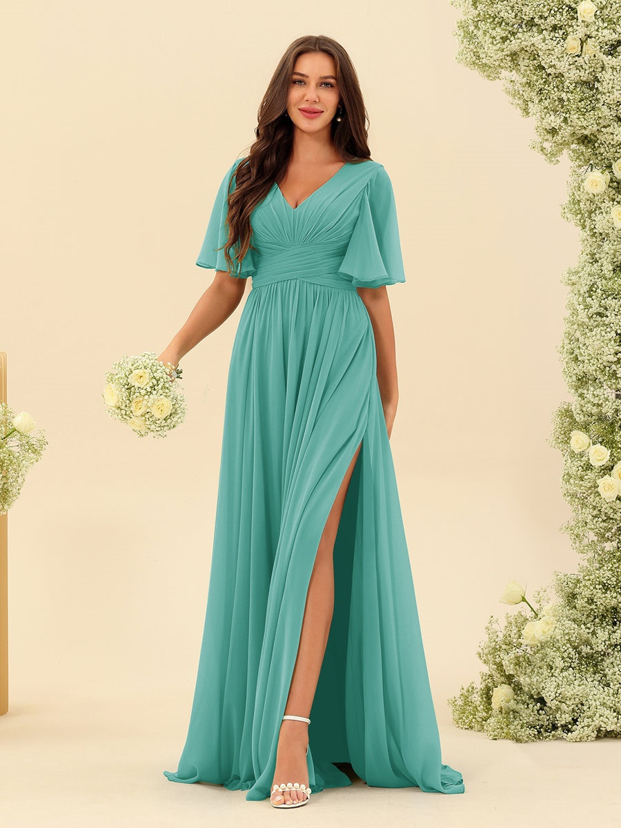 Robe Longue en Chiffon Élégante – Silhouette Fluide A-Line avec Fente Latérale et Volants