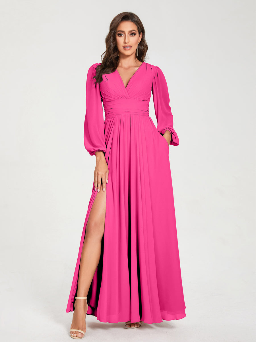 Robe de demoiselle d'honneur à manches longues et coupe trapèze pour femme – Style élégant et formel pour les fêtes de mariage