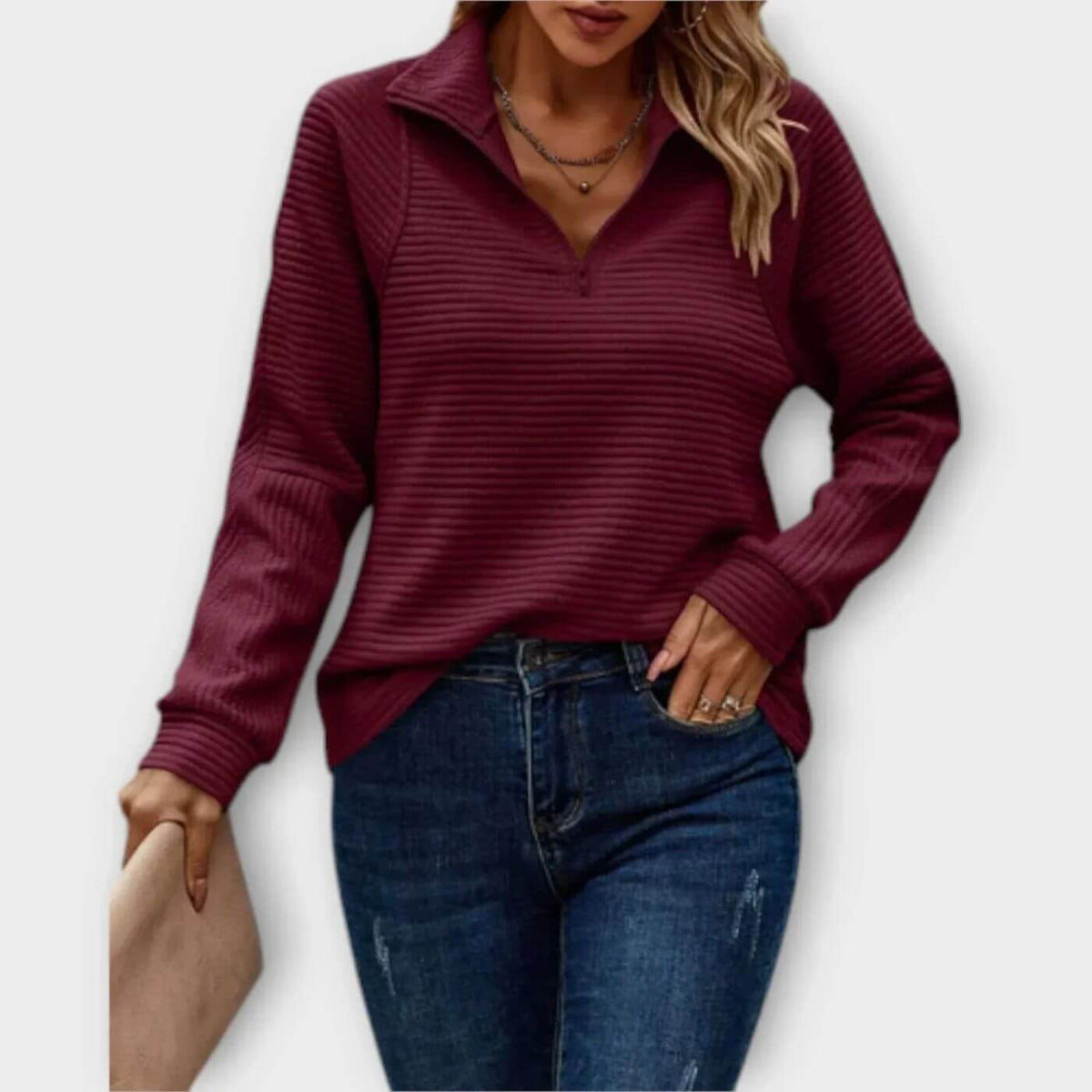 Pull côtelé à demi-fermeture éclair pour femmes – Pull en maille col en V élégant