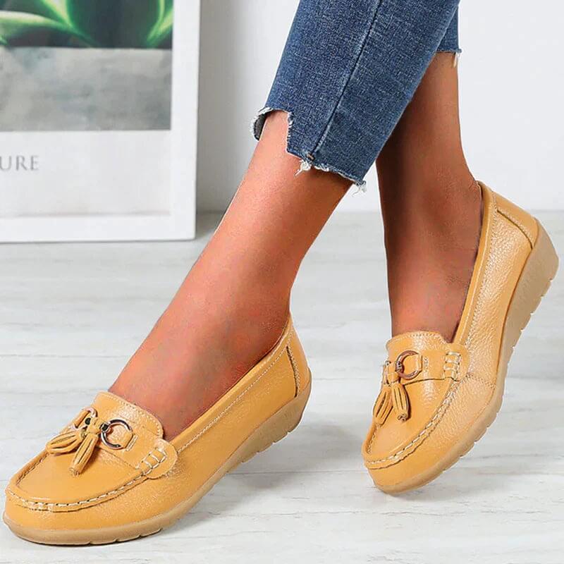 Mocassins femme confort – Chaussures plates souples avec nœud et frange