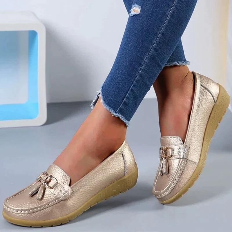 Mocassins femme confort – Chaussures plates souples avec nœud et frange