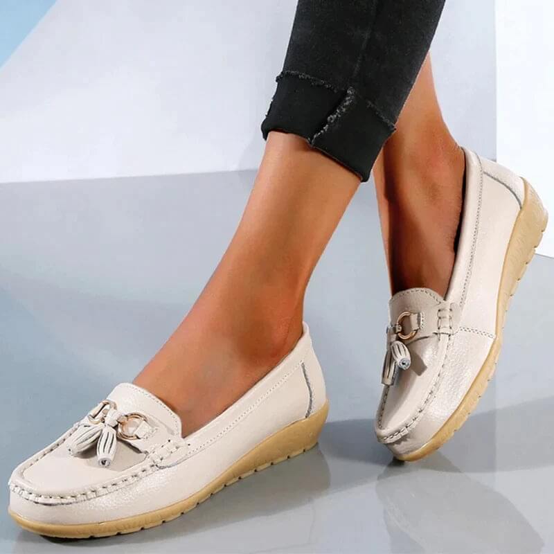 Mocassins femme confort – Chaussures plates souples avec nœud et frange