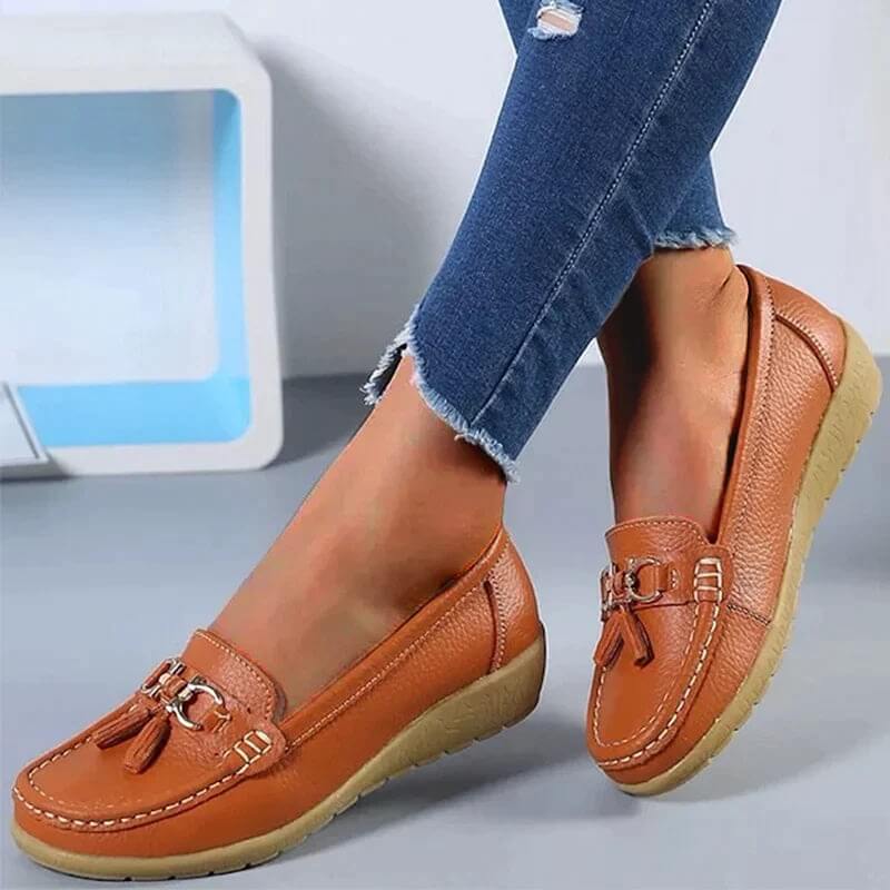 Mocassins femme confort – Chaussures plates souples avec nœud et frange