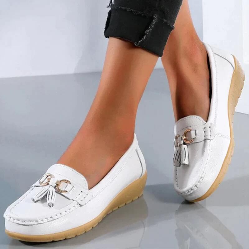 Mocassins femme confort – Chaussures plates souples avec nœud et frange
