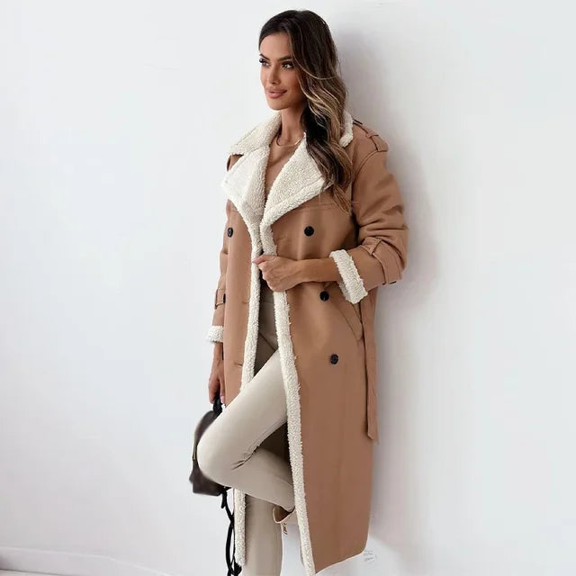 Manteau Femme à Revers et Doublure Sherpa – Long Vêtement d’Hiver Élégant
