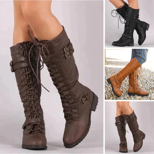 Bottes plates rétro pour femme avec boucle et lacets