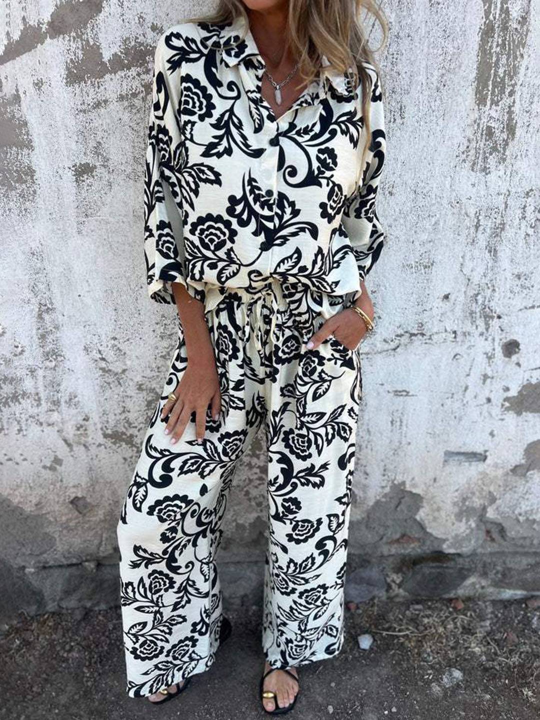 Ensemble deux pièces décontracté avec motif feuilles et pantalon large