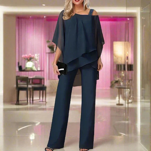 Ensemble de Luxe Femme Jumpsuit et Blouse Épaule Asymétrique en Mousseline – Tenue Élégante Légère Fluide Deux Pièces