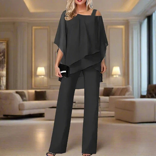 Ensemble de Luxe Femme Jumpsuit et Blouse Épaule Asymétrique en Mousseline – Tenue Élégante Légère Fluide Deux Pièces