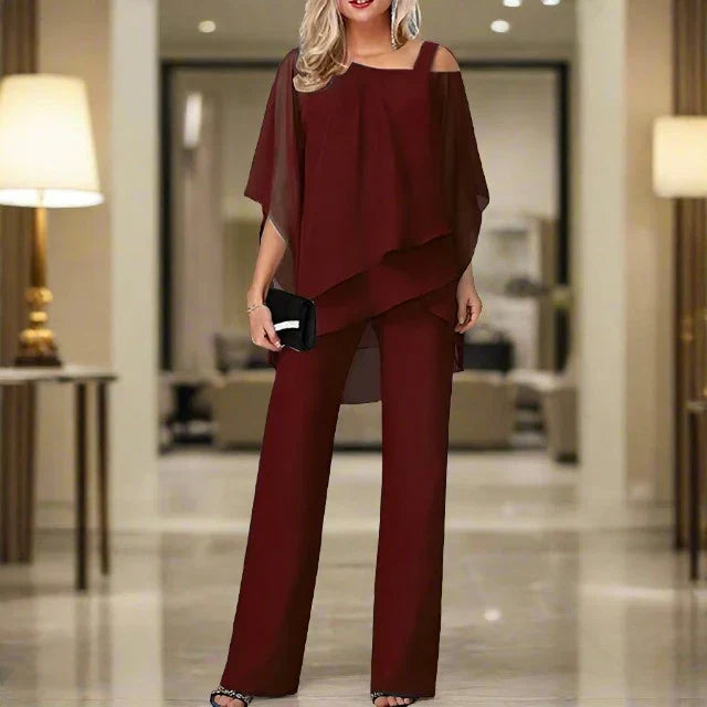 Ensemble de Luxe Femme Jumpsuit et Blouse Épaule Asymétrique en Mousseline – Tenue Élégante Légère Fluide Deux Pièces