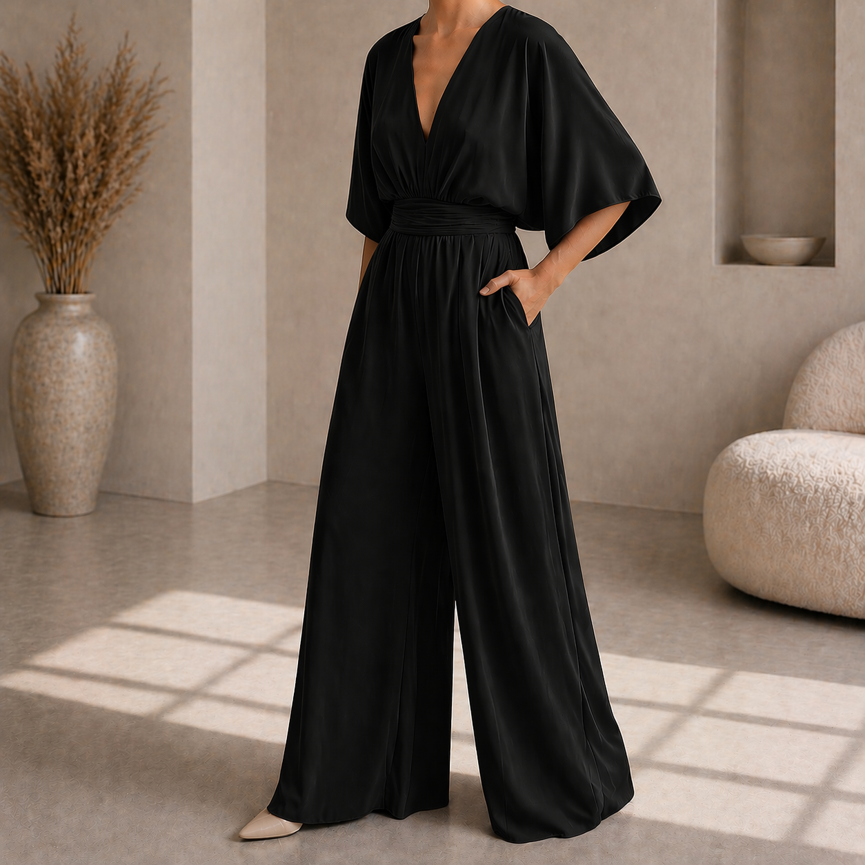 Women's V-neck wrap jumpsuit - Chic and flowing
