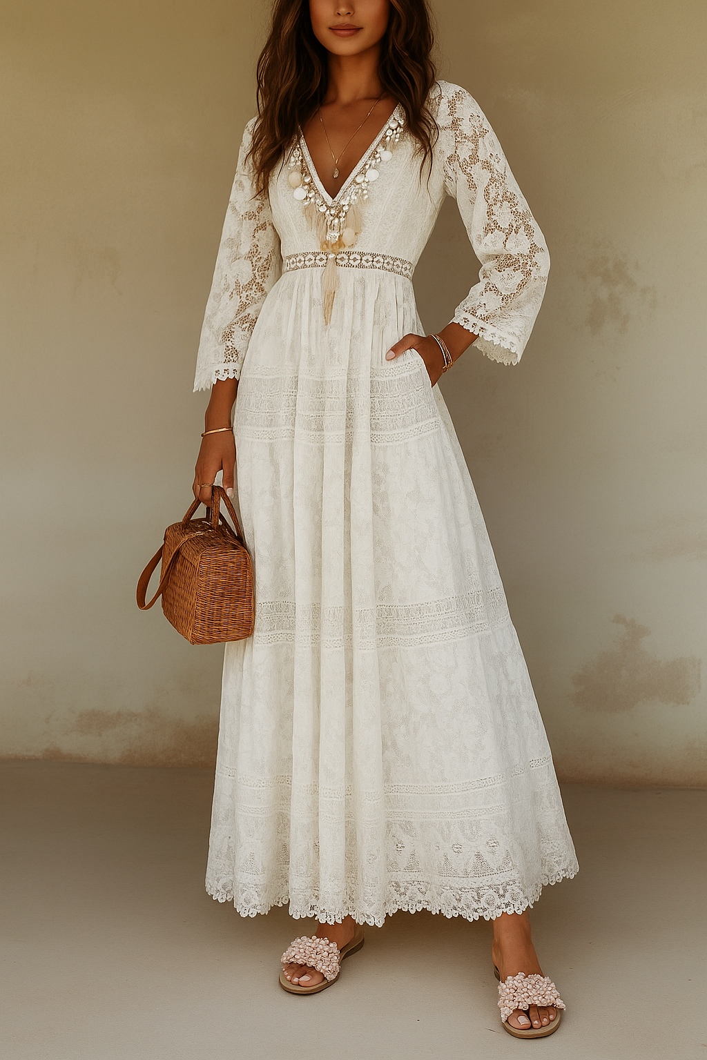 Robe Maxi Blanche à Fleurs Boho pour Femme – Style Élégant à Col V