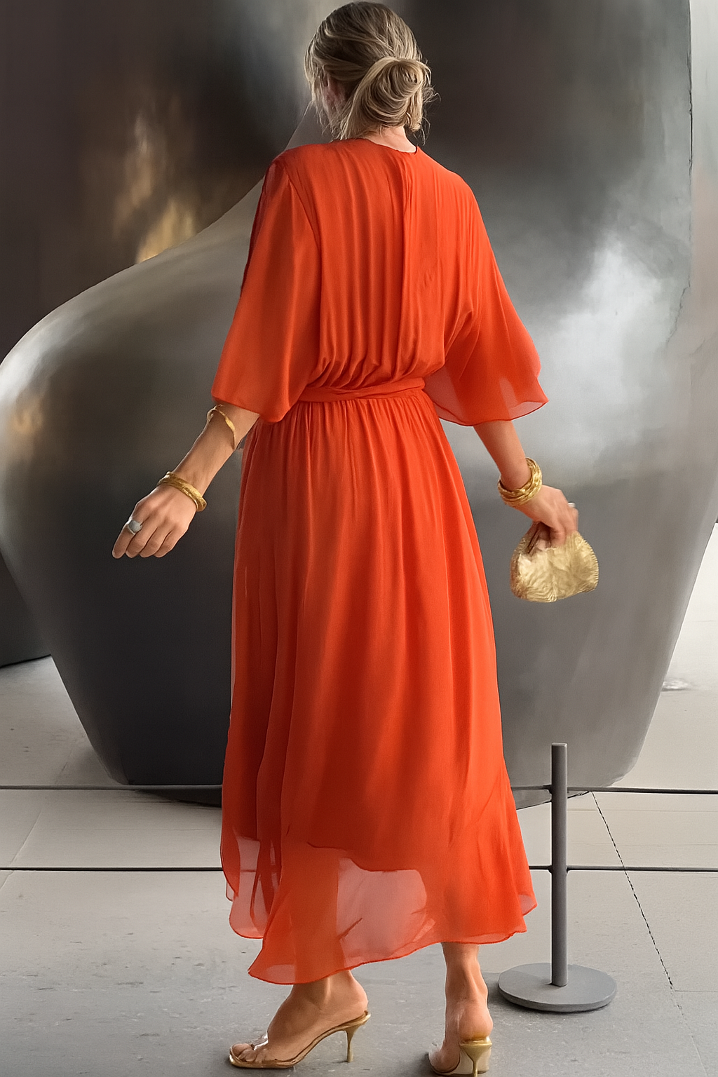 Robe Midi Élégante Femme Portefeuille – Col V en Chiffon avec Ourlet Asymétrique