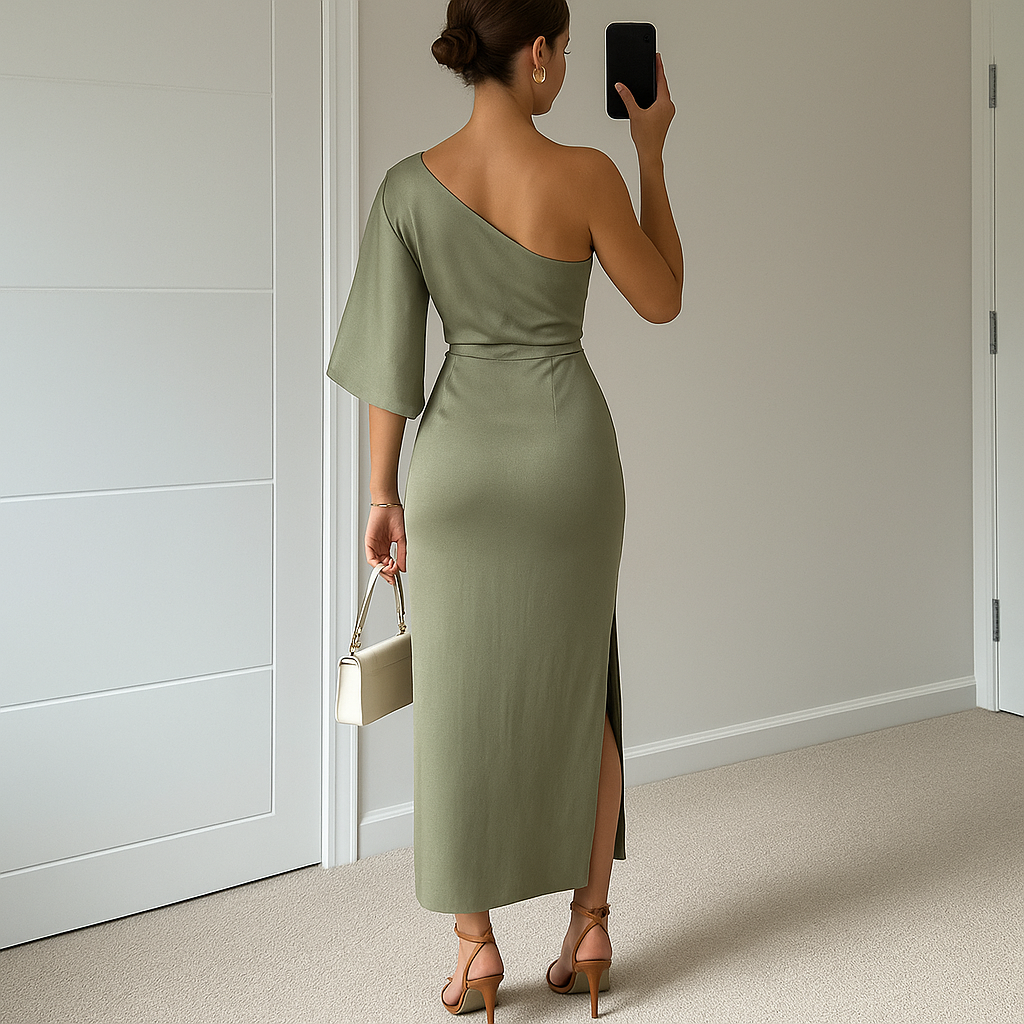 Asymmetric one-shoulder maxi dress for women with a flattering slit - Elegant and dressy