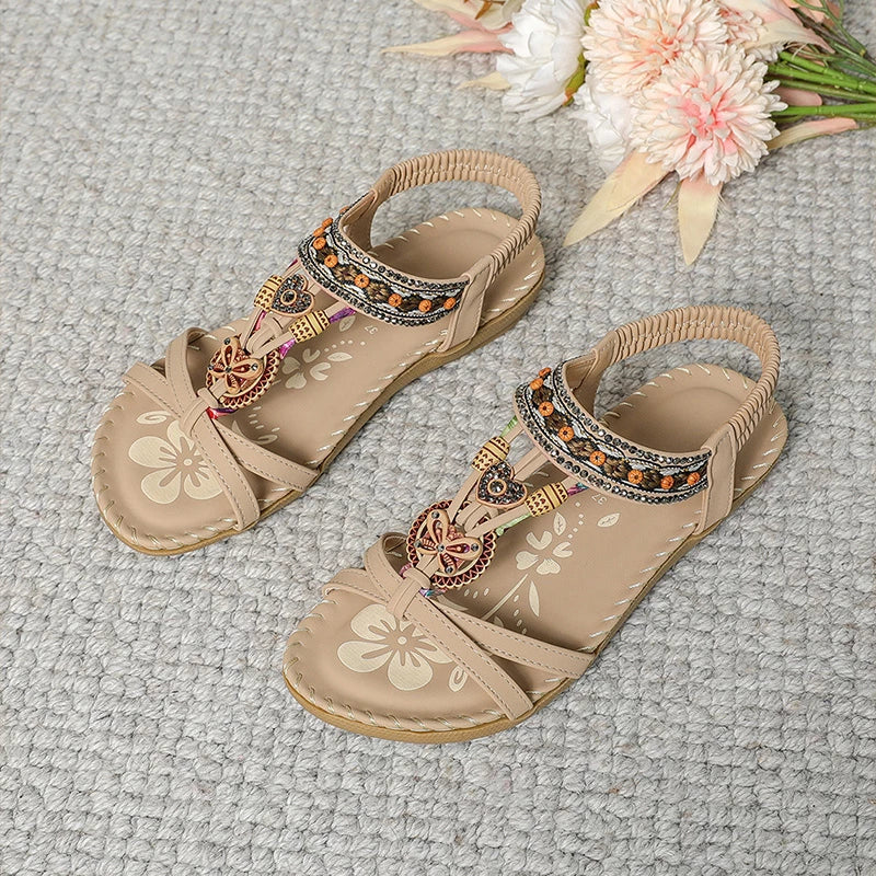 Sandales Élégantes Femme à Strass – Style Bohème Perlé et Brodé