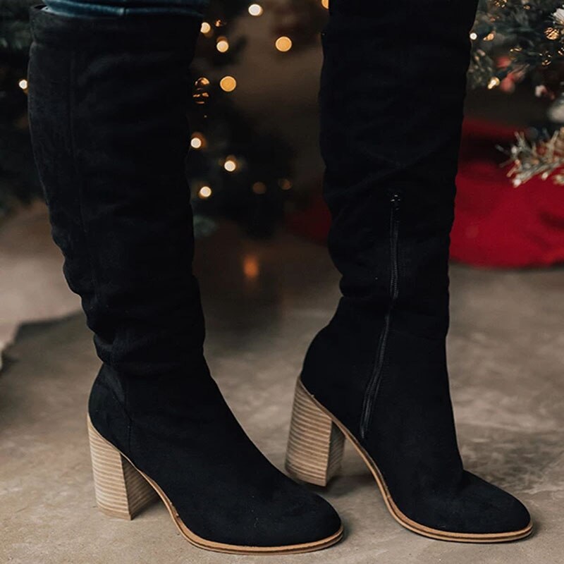 Bottes élégantes à talons hauts en daim jusqu’au genou pour femmes