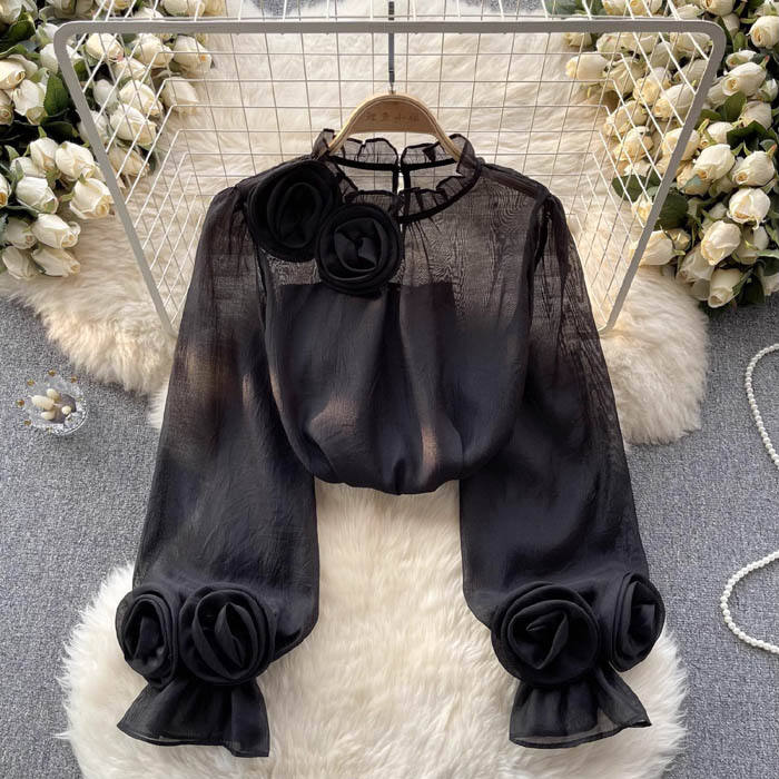 Elegant Women's Blouse in White Sheer Fabric – High Collar with 3D Rose Detail