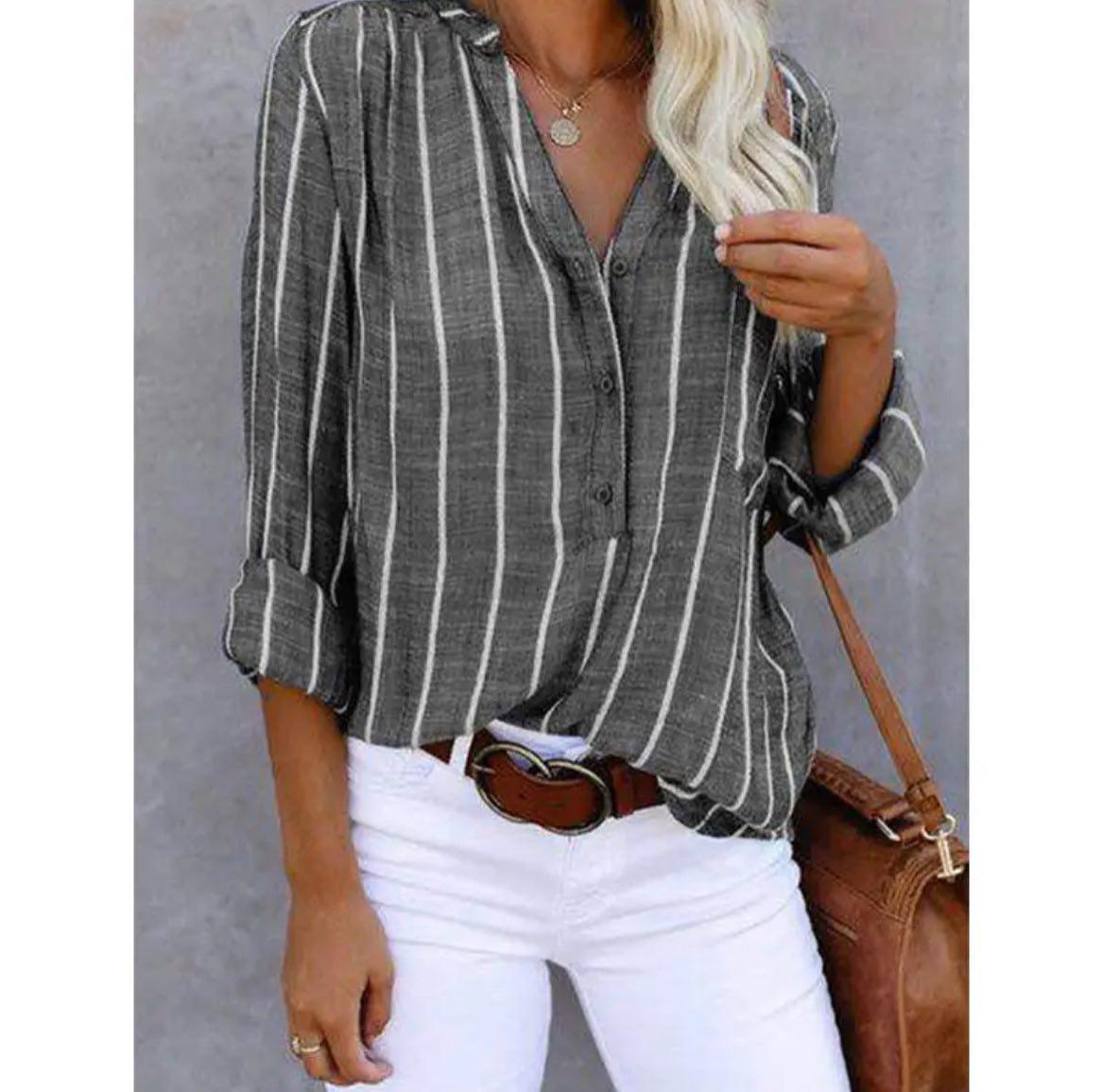 Chemise Femme Rayée Rouge Coupe Ample À Boutons Et Manches Réglables