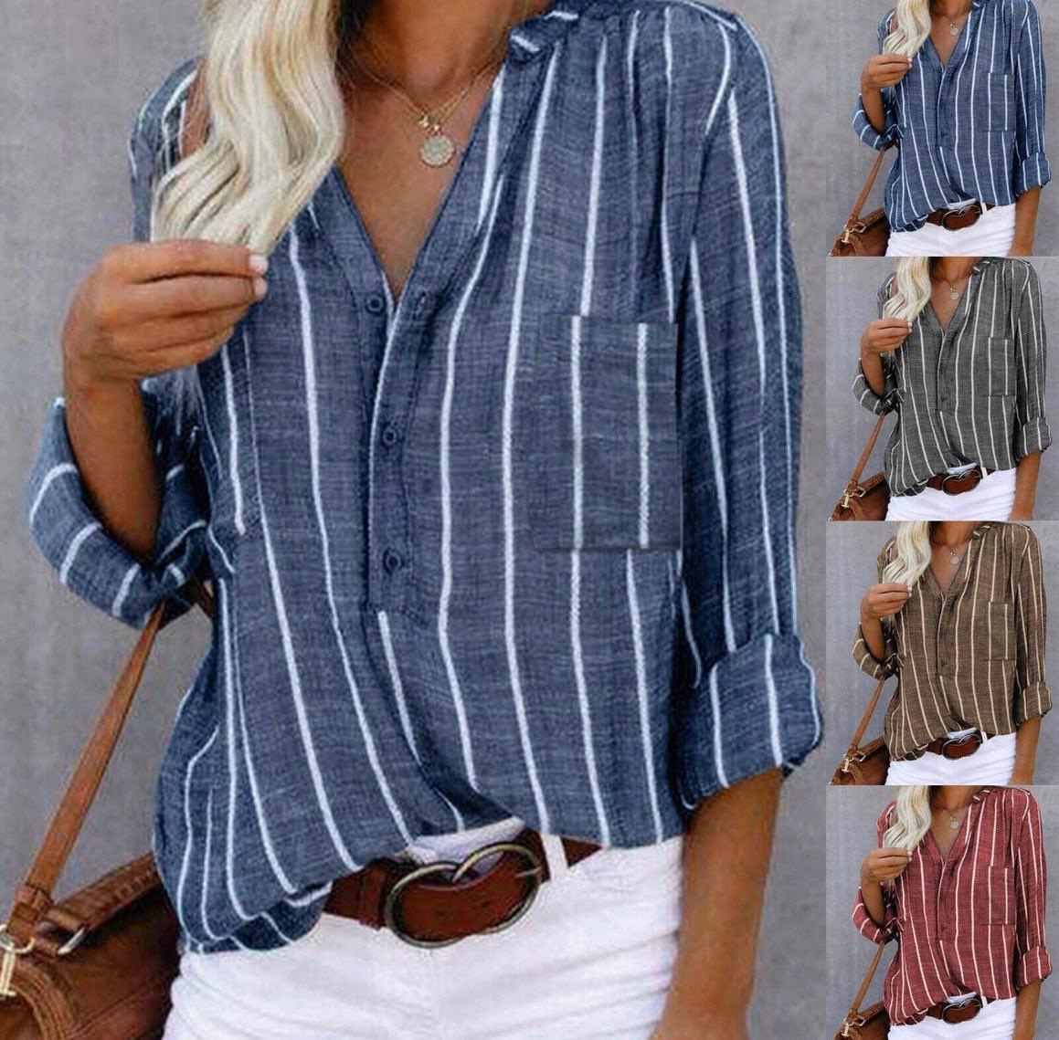 Chemise Femme Rayée Rouge Coupe Ample À Boutons Et Manches Réglables