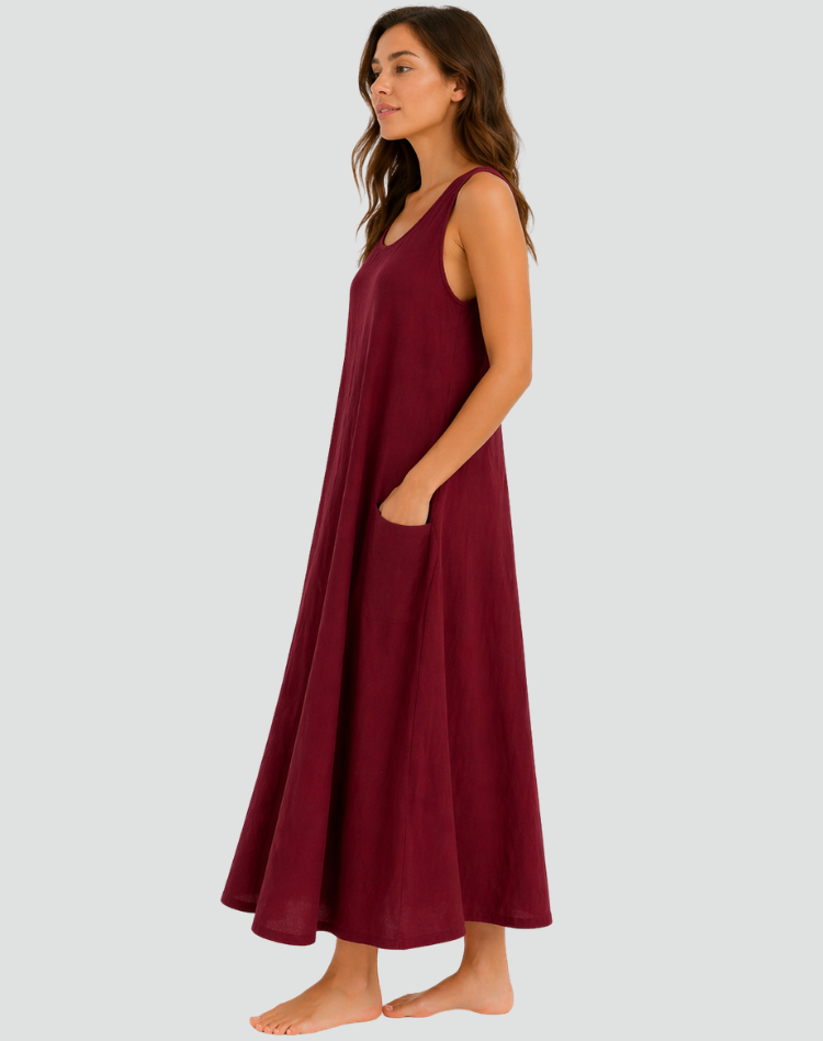 Women's Linen Maxi Dress with Pockets - Loose and Breathable