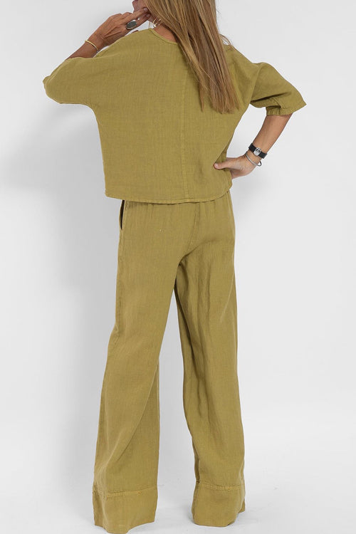 Ensemble deux pièces décontracté en coton-lin pour femme – Tenue quotidienne coupe ample