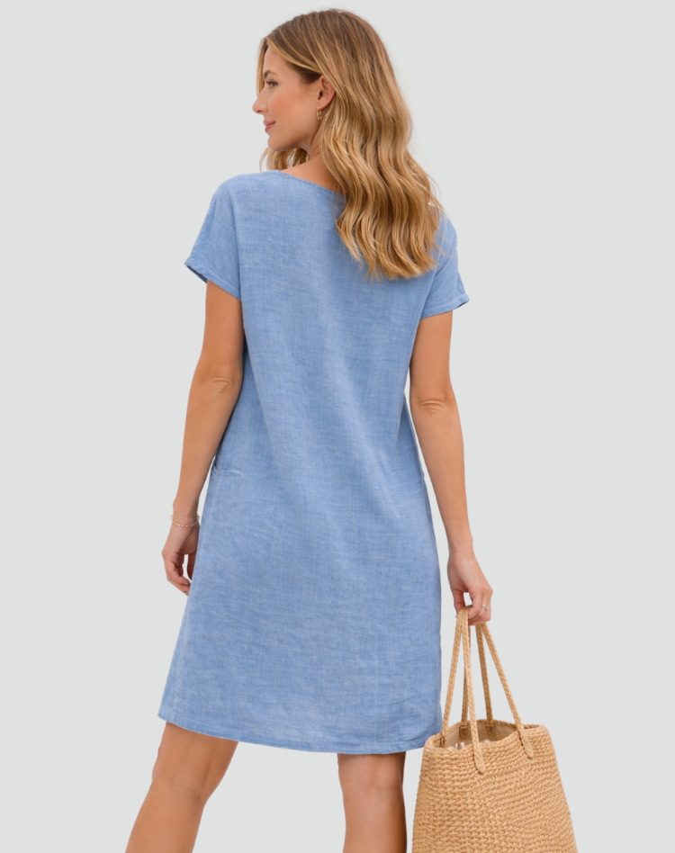 Women's Mini Linen Dress with Pockets - Light and Casual