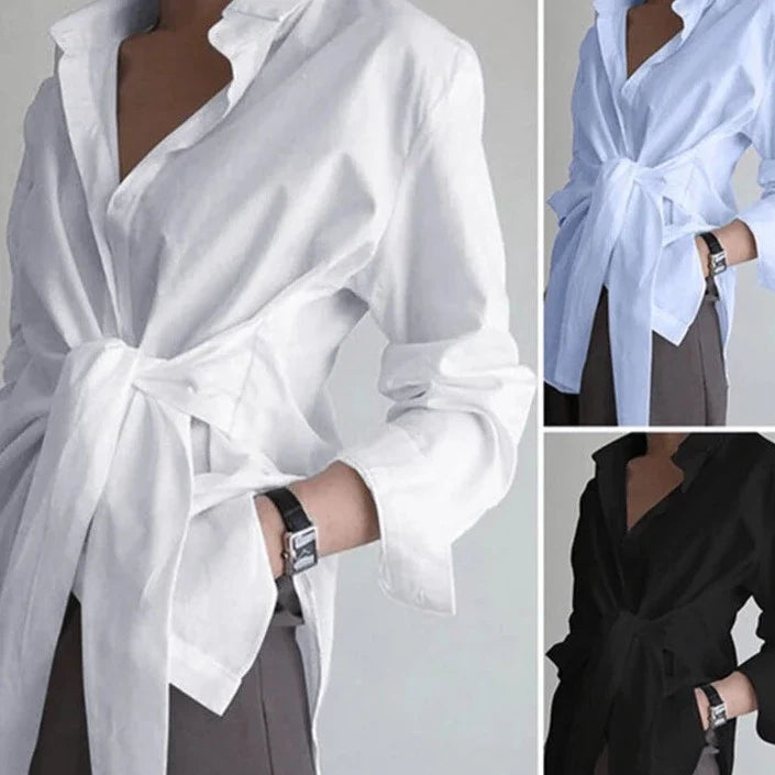 Sophisticated and Elegant Women's Blouse with Long Sleeves – Top with Tied Waist