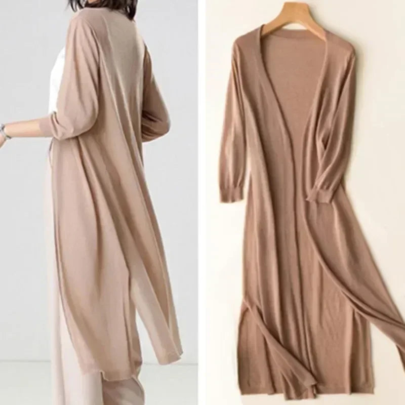 Sykooria Gilet Femme Long Coton Cardigan Femme Ouverte Devant Tricoté Veste Casual à Manches Longue Cardigan en Maille Respirant Élégant, Blanc (Manches À Rayures Verticales), XXL