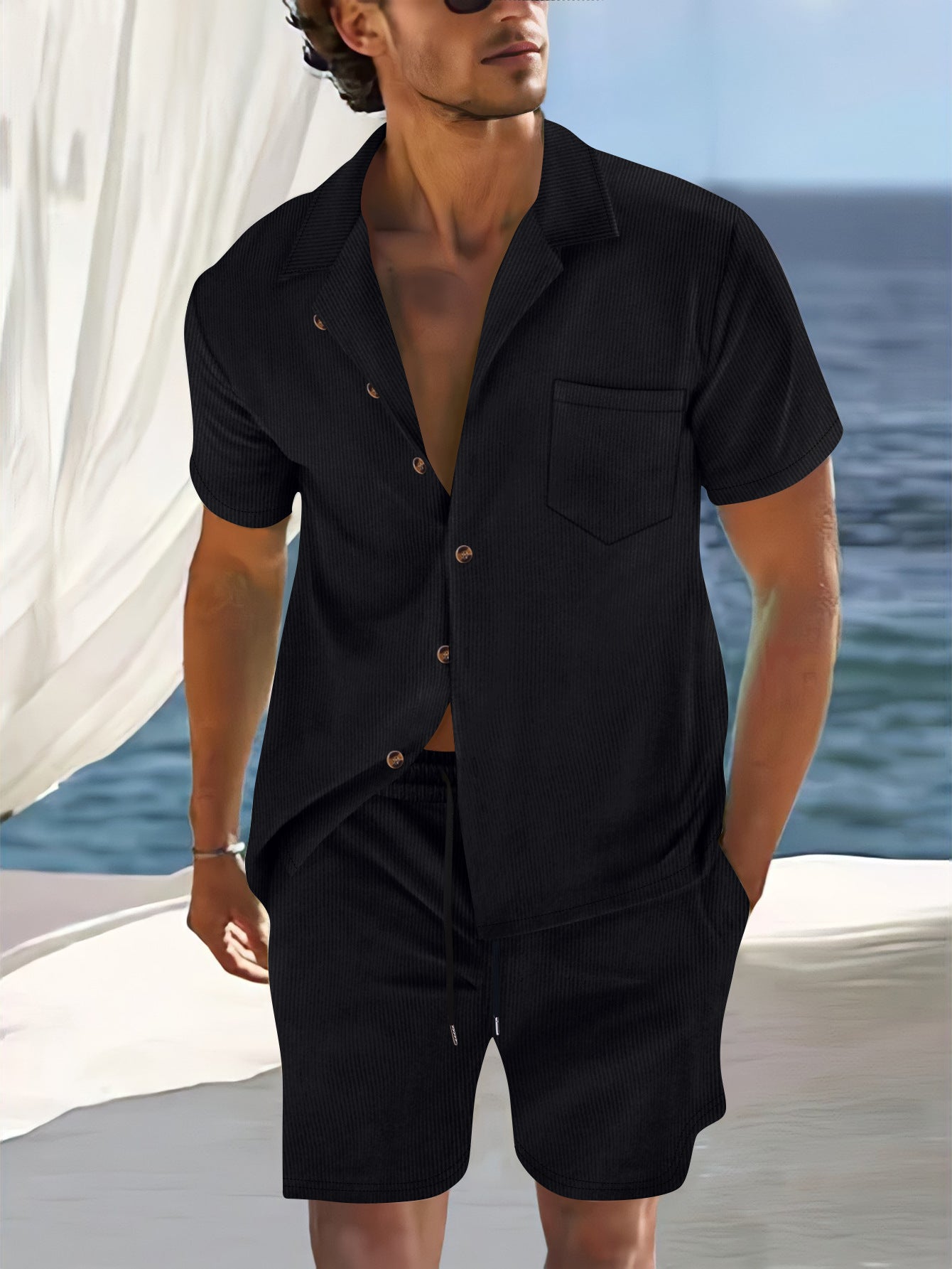 Ensemble aspect lin pour homme | Chemise manches courtes & short | Coordonné naturel prêt pour la plage