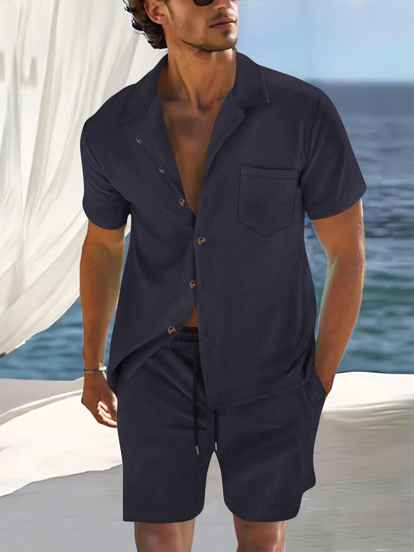 Ensemble aspect lin pour homme | Chemise manches courtes & short | Coordonné naturel prêt pour la plage