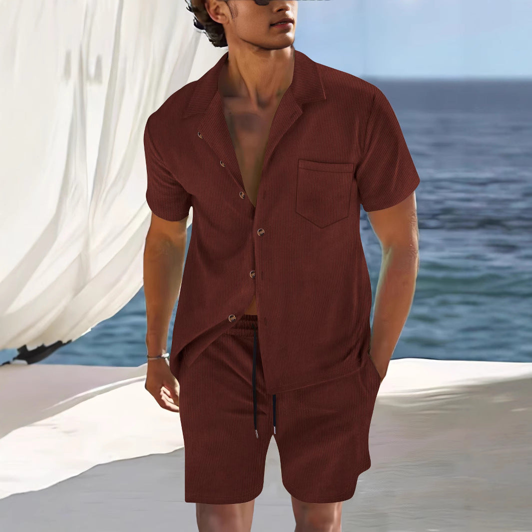 Ensemble aspect lin pour homme | Chemise manches courtes & short | Coordonné naturel prêt pour la plage