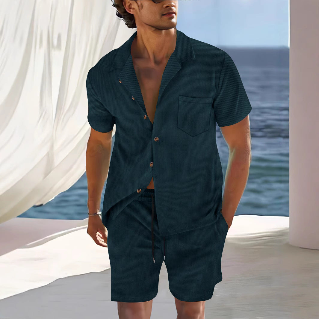 Ensemble aspect lin pour homme | Chemise manches courtes & short | Coordonné naturel prêt pour la plage