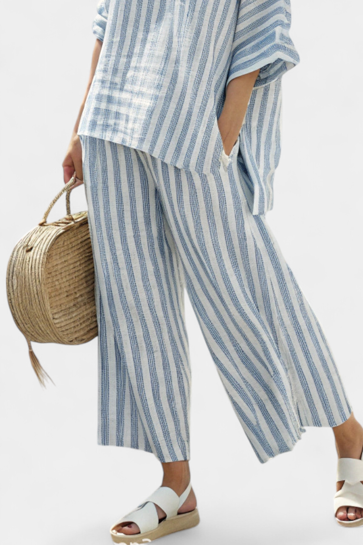 Ensemble femme en lin raye bleu - Haut leger et pantalon ample