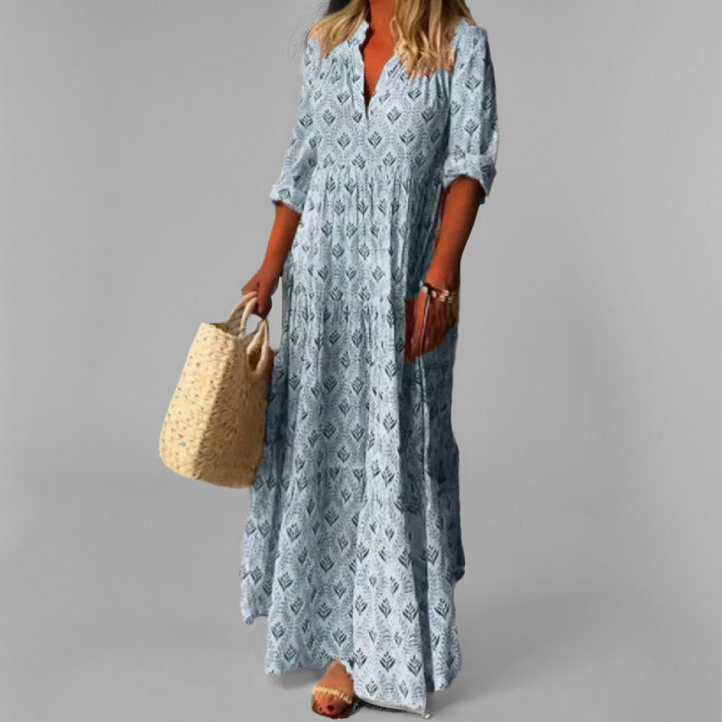Robe longue femme – Coton léger – Coupe ample – Col en V – Imprimé vintage – Manches 3/4