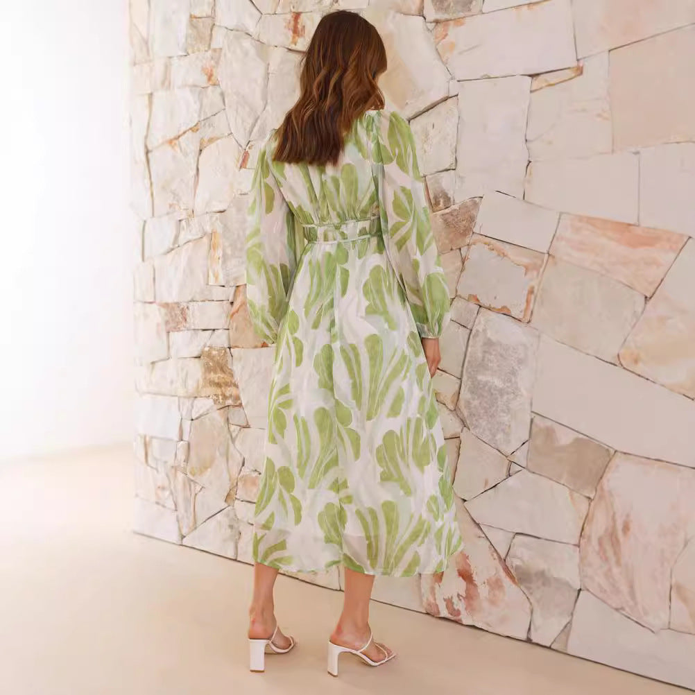 Robe Midi Élégante à Imprimé Feuilles Femme – Légère, Polyvalente, Féminine