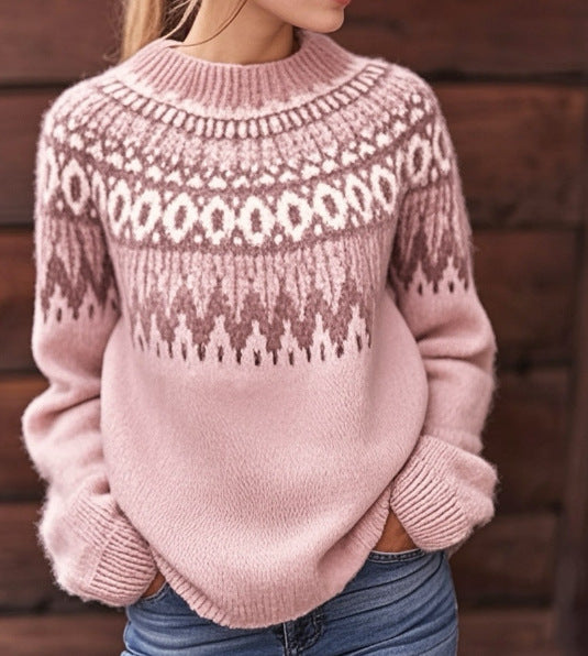 Pull Fair Isle rose premium pour femme – Maille vintage confortable