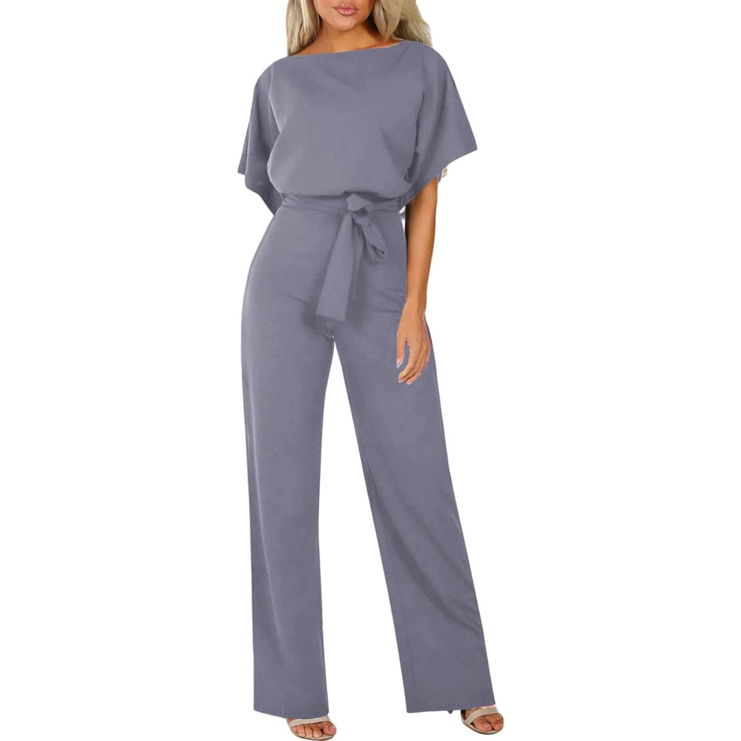 Combinaison élégante femmes – Ceinture, manches courtes et jambes larges, tenue flatteuse et pour occasions décontractées ou habillées