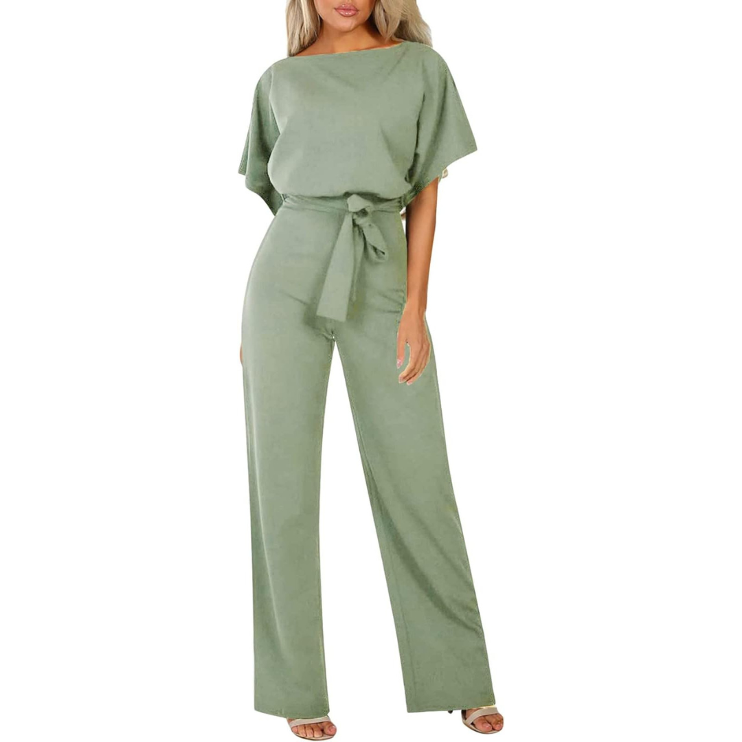 Combinaison élégante femmes – Ceinture, manches courtes et jambes larges, tenue flatteuse et pour occasions décontractées ou habillées