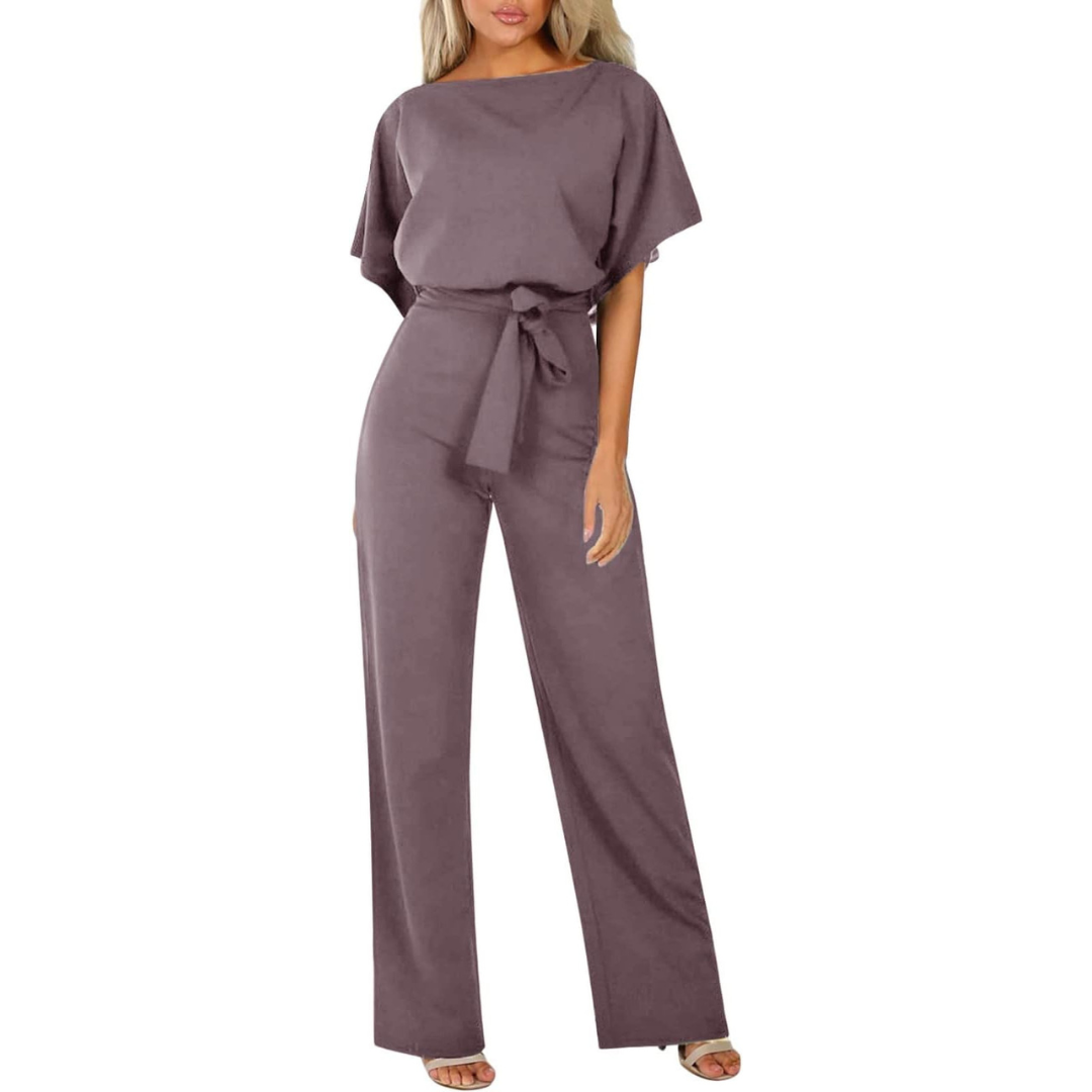 Combinaison élégante femmes – Ceinture, manches courtes et jambes larges, tenue flatteuse et pour occasions décontractées ou habillées