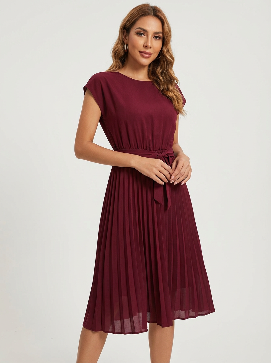 Women's Pleated Midi Dress – Belted and Elegant