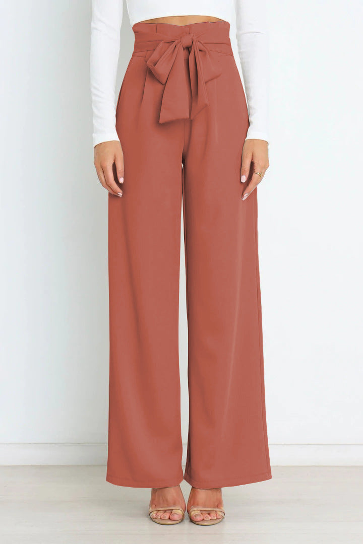 Pantalon large taille haute avec ceinture ruban pour femme