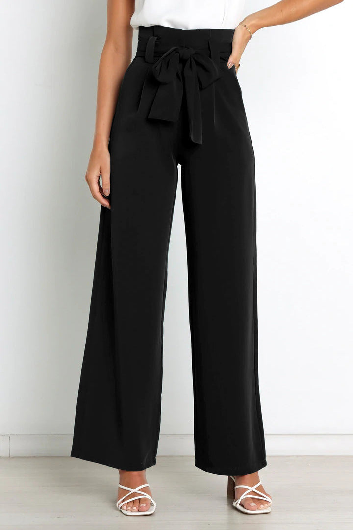 Pantalon large taille haute avec ceinture ruban pour femme