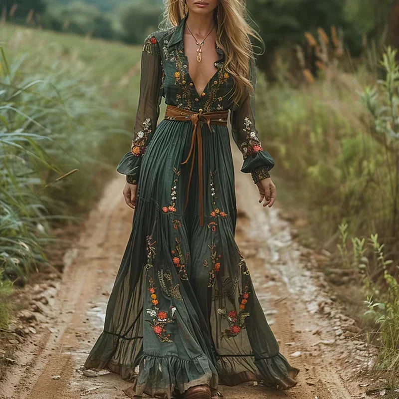Robe Longue Femme – Imprimé Floral Bohème – Coupe Fluide – Manches Longues – Jupe à Volants