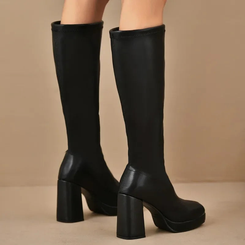 Cuissardes noires pour femme | Talon épais à plateforme