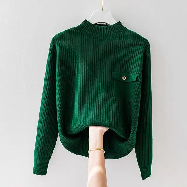Pull Femme Élégant à Col Montant en Maille Côtelée – Pull à Manches Longues Confortable