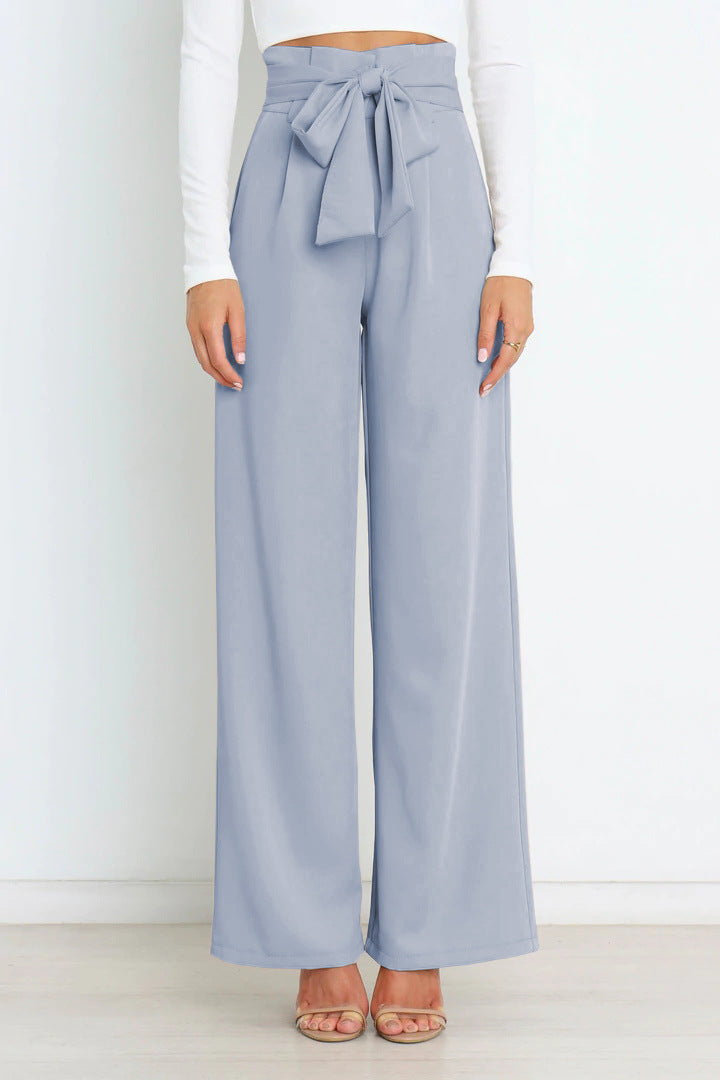 Pantalon large taille haute avec ceinture ruban pour femme
