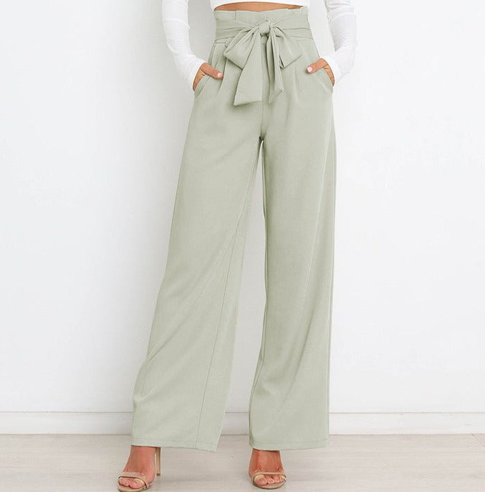 Pantalon large taille haute avec ceinture ruban pour femme