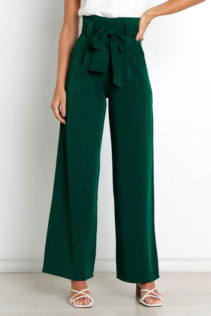 Pantalon large taille haute avec ceinture ruban pour femme