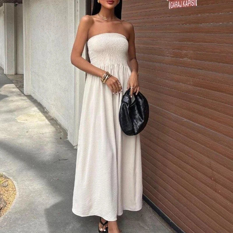 Maxi dress without straps – Flowing cut with elastic waist, perfect for summer